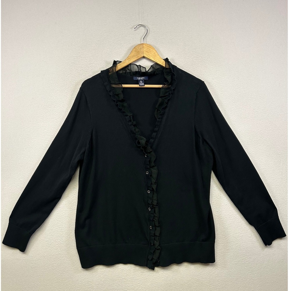 Victorian Preppy Chaps Womens 1X Black Ruffle Trim V-Neck Button Front Cardigan